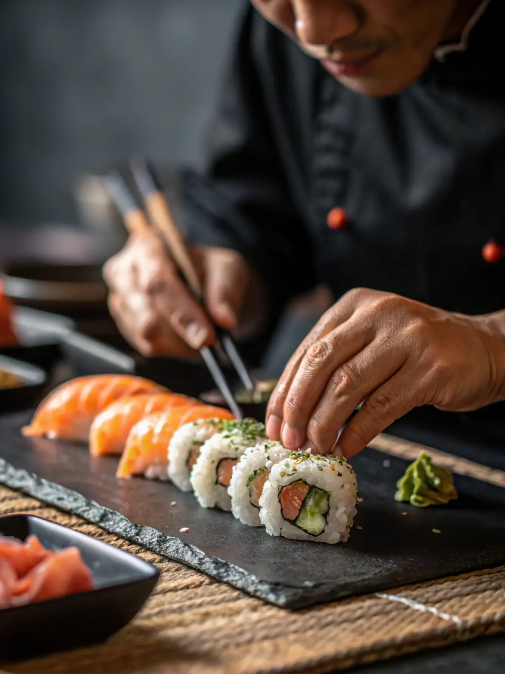 A close-up shot of sushi-making class at Academy of Taste, showcasing neatly arranged sushi rolls and fresh ingredients, with participants smiling and engaged.