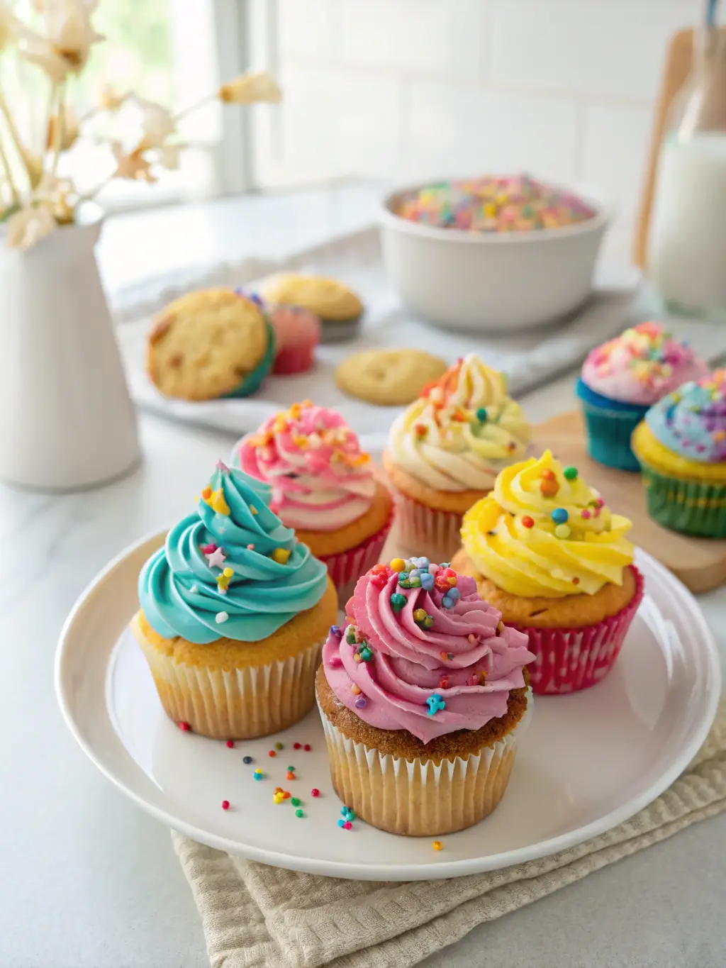 A close-up shot of perfectly decorated cupcakes, showcasing the baking workshops offered at the Academy of Taste.