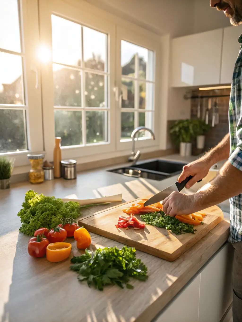 A friendly chef demonstrating a cooking technique in a home kitchen setting, highlighting the personalized attention in Home Cooking Lessons.