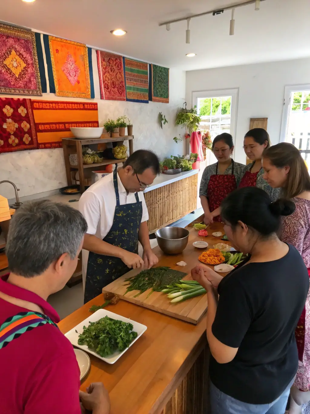 A photo of a Thai cooking class at Academy of Taste, showing participants preparing traditional Thai dishes with fresh herbs and spices, in a colorful and aromatic setting.