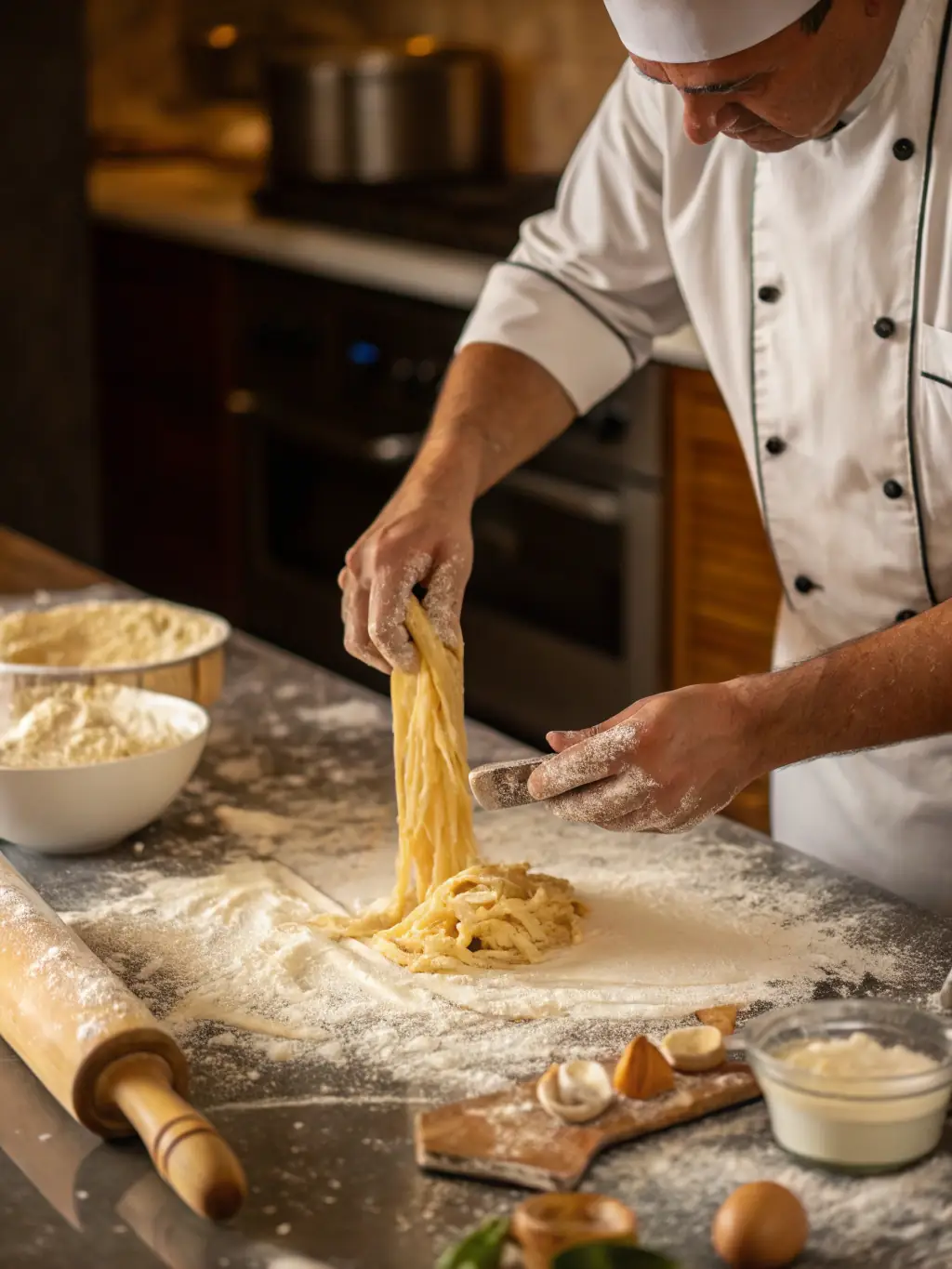 A vibrant photo of a pasta-making workshop at Academy of Taste, showing participants kneading dough with the chef's guidance, set in a brightly lit studio.