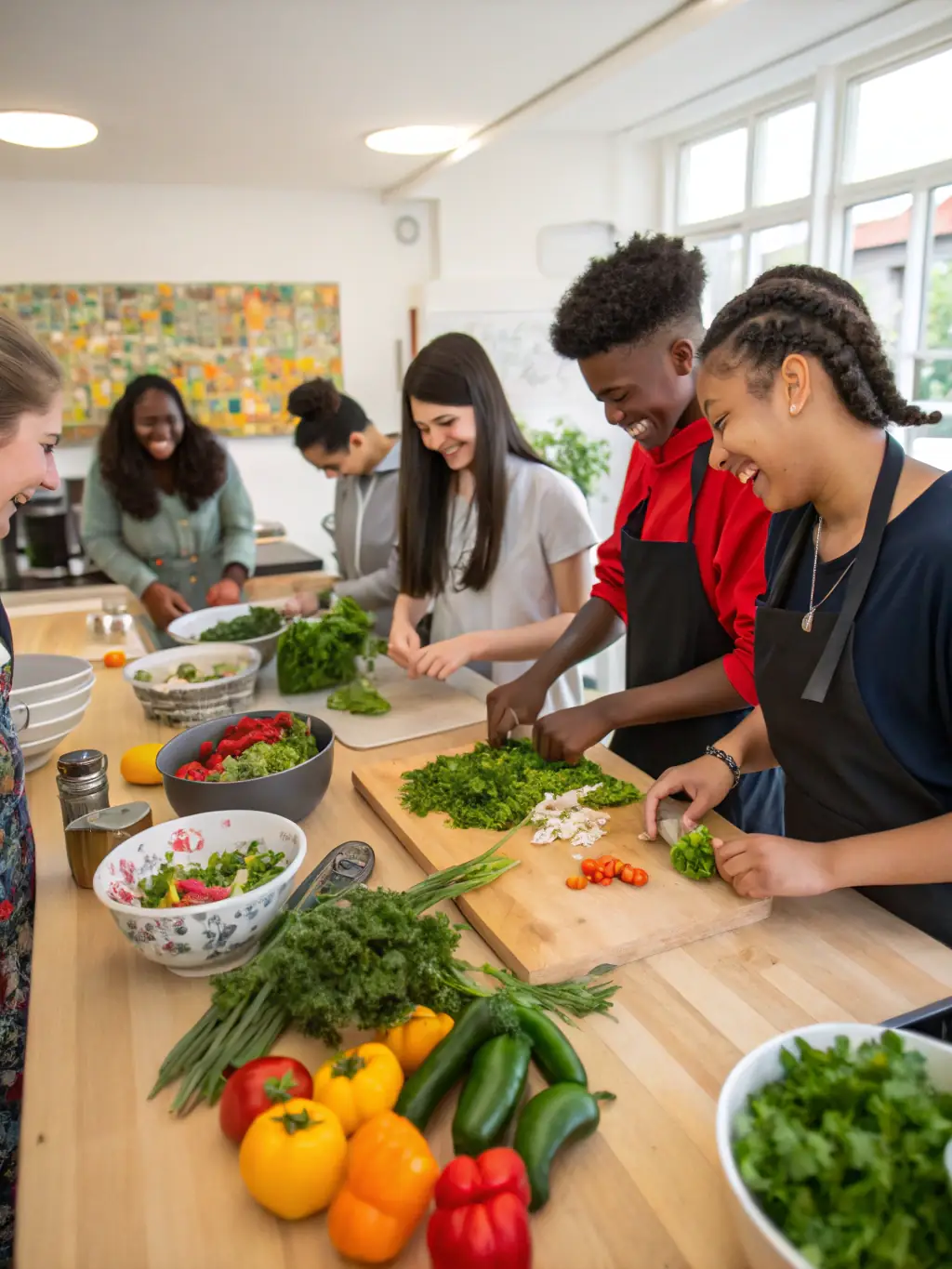 A vibrant photo of students actively participating in a cooking class, chopping vegetables and tasting dishes, showcasing the fun and interactive environment of the Culinary Workshops.